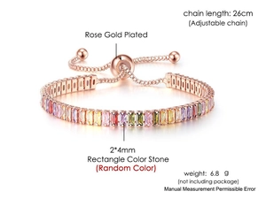 Adjustable rose gold tennis bracelet with colorful rectangular cubic zirconia crystals