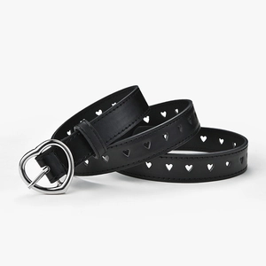 Women's black leather belt featuring hollow heart patterns and a silver heart-shaped buckle