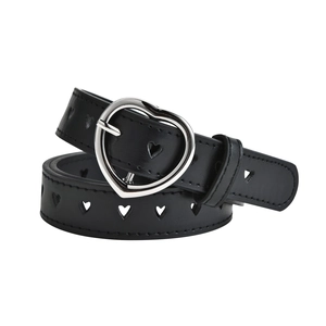 Black leather belt with silver heart-shaped metal buckle and heart cutout decorations