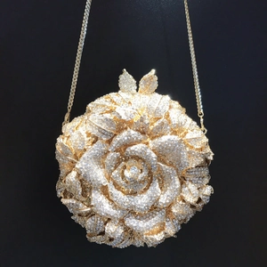 Sac De Soirée Rose Fleur Strass Alliage Métallique Pochette Ronde Avec Chaîne Pour Banquet Mariage Fête Luxe