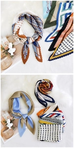 Detailed view of pleated silk scarves with polka dots and vintage patterns in various colors