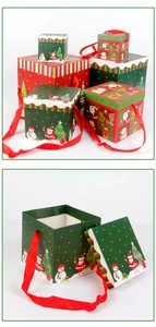 Red and green Christmas gift boxes with festive illustrations and red ribbon handles