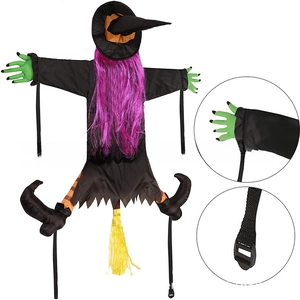 Detail view of Halloween tree crashing witch showing sewing stitches and buckle straps