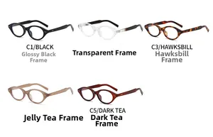 Detailed comparison of oval nerd eyeglasses frames in five vintage color variations