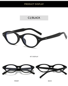Detailed views of black oval full-rim glasses with metallic stud accents and temple hinge