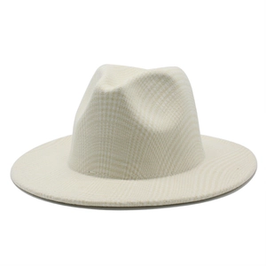 Classic British plaid wool fedora hat with wide flat brim in cream beige for men and women