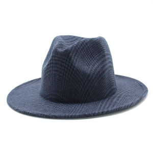 Classic dark blue checkered wool fedora hat with wide flat brim for autumn and winter