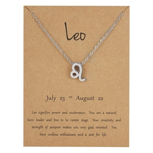 Silver Leo zodiac sign necklace with rhinestones on paper card packaging
