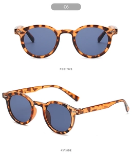 Detail view showing tortoise shell round frame sunglasses with blue translucent lenses
