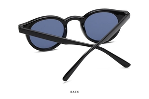 Rear view of round black frame sunglasses with blue lenses and durable hinge detail