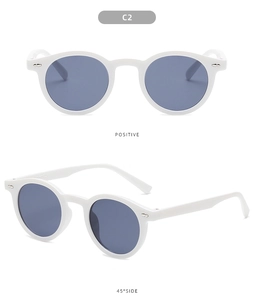 Detailed front and 45-degree view of white round sunglasses with blue lenses and rivets