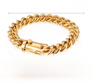 Detailansicht eines 11 mm breiten goldenen Panzerarmbands mit Längenangaben aus Stahl