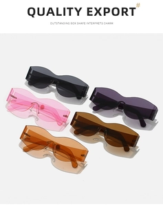 Detailed array of five Y2K rimless wrap-around sunglasses in various trendy colors