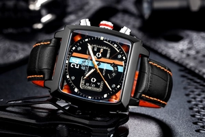 Macro view of automatic square watch with luminous hands and premium leather strap
