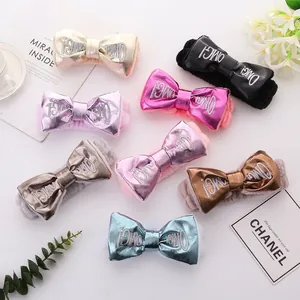 Cute Plush Headband With Metallic PU Bow Knot OMG Letter Embroidery For Face Washing Makeup Spa Shower Women Girls