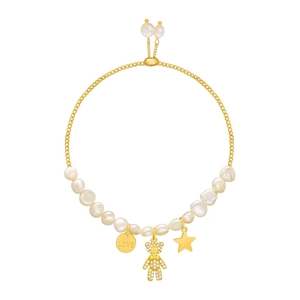 Baroque pearl bracelet with gold teddy bear and LOVE charms on white background