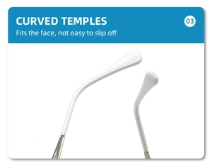Détail des branches de lunettes incurvées avec embouts en silicone antidérapants