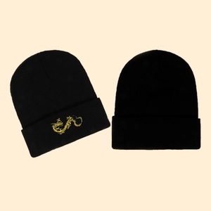 Winter knitted beanie with dragon embroidery and basic black ribbed cuff style