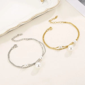 Double-layer stainless steel pearl bracelet set in gold and silver finish for women