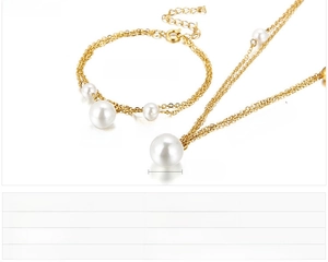 Detailed sizing of 420mm necklace and 150mm bracelet with shell pearls in gold stainless steel