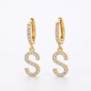 Golden letter S earrings with micro-paved cubic zirconia stones and hoop clasp design