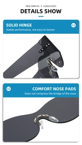 Detail view showing solid metal hinges and comfortable nose pads of Y2K rimless sunglasses