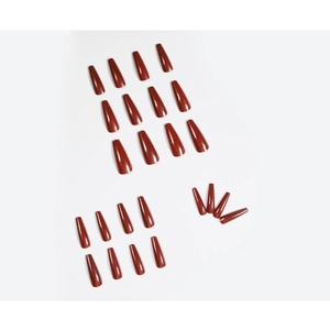 24Pcs long coffin dark wine red press-on nails with shiny glitter shimmer finish