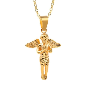 Hip Hop Titanium Steel Angel Wings Pendant Necklace For Men Women Gold Silver Rose Gold Religious Prayer Cupid Jewelry