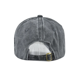 Detail view of washed grey cotton baseball cap with adjustable strap and vintage buckle