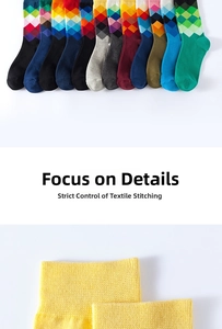 Detail of argyle pattern mid-calf socks with ribbed cuffs in various assorted colors
