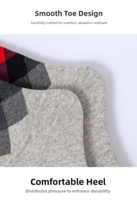 Detail of grey knitted socks showing reinforced seamless toe and ergonomic heel structure