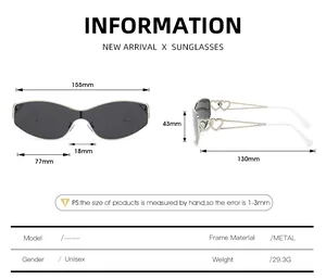 Tableau des tailles pour lunettes de soleil œil de chat sans monture et branches cœur