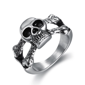 Punk style stainless steel skull ring with vintage silver finish and brushed metal texture