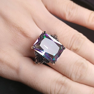 Retro mystic topaz ring with large rainbow gemstone and vintage engraved silver band