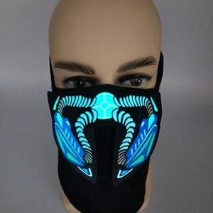 Cyberpunk style LED face mask with glowing blue mechanical patterns on a black base