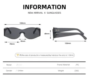 Detailed sizing guide showing frame dimensions for Y2K rimless wrap sunglasses