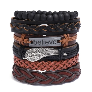 Vintage Multi Layer Woven Bracelet Cowhide Leather PU Alloy Believe Plate Feather Charm Retro Punk Jewelry Unisex