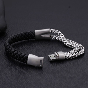 Men's double-row chain and black braided leather bracelet with magnetic buckle