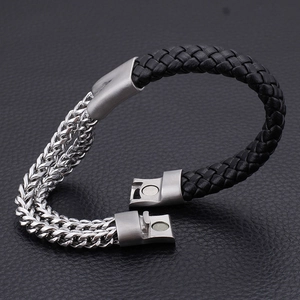Men's leather woven bracelet with double row stainless steel Cuban chains and magnetic clasp