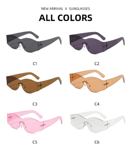 Grid display showing six color variants of Y2K rimless wavy sunglasses for women
