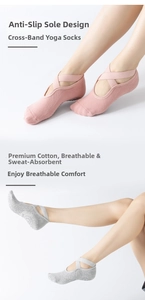 Close-up of anti-slip yoga socks with criss-cross elastic straps and grip dots