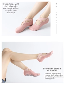 Detail of pink yoga socks with elastic cross straps and non-slip silicone grip bottom