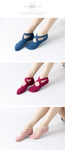 Detailed view of yoga socks with crisscross straps and anti-slip dots in three colors
