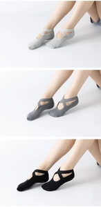 Detail of cross-strap yoga socks with anti-slip silicone grips on the sole in three colors