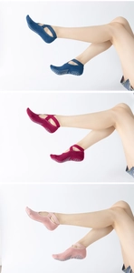 Detail of cross-strap yoga socks with anti-slip silicone grippers in three colors