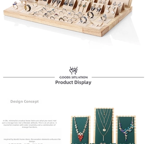 Bamboo jewelry organizer set displaying rings and necklaces on minimalist wooden stands