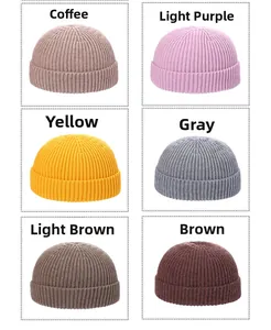 Detailed grid of knitted docker caps in coffee, purple, yellow, grey and brown colors