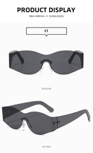Front and 45-degree side views of Y2K rimless shield sunglasses in dark grey finish