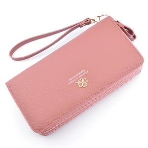 Women's pink long double zipper wallet with lychee pattern and wristlet strap
