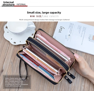 Detail of double zipper wallet with multi-compartments for cards and smartphone